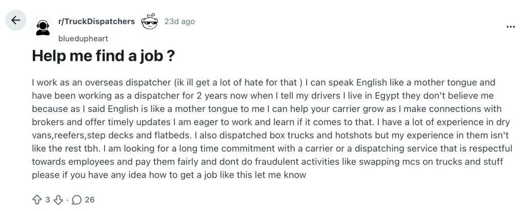 Screenshot of a Reddit post in the r/TruckDispatchers community, featuring a user seeking job opportunities as an overseas dispatcher. The post discusses their experience, language proficiency, and desire to work fairly within the dispatching industry.