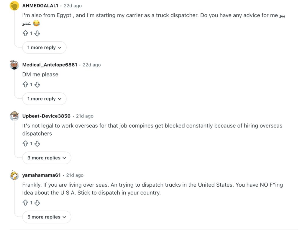A Reddit discussion among users about the challenges and experiences in truck dispatching, with comments highlighting the hiring of overseas dispatchers and concerns about legality.