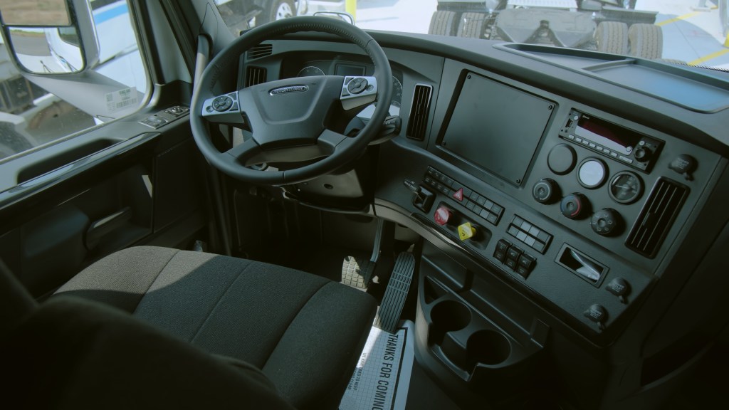 Interior cab of a new Freightliner semi-truck